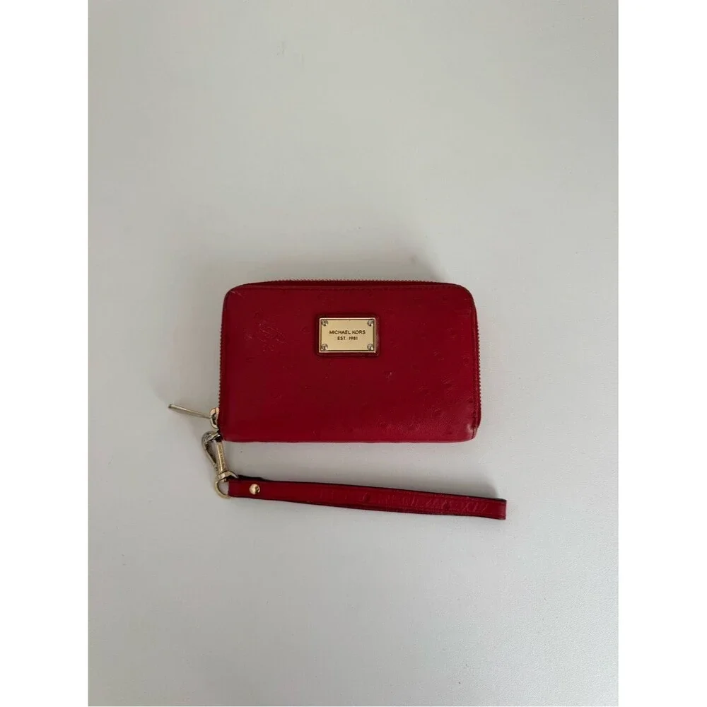 Michael Kors Red Ostrich Embossed Zip Leather Wristlet